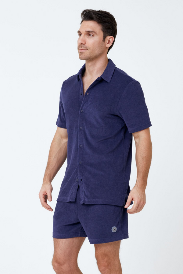 Navy Blue Men's Terry Cloth Button Down Shirt